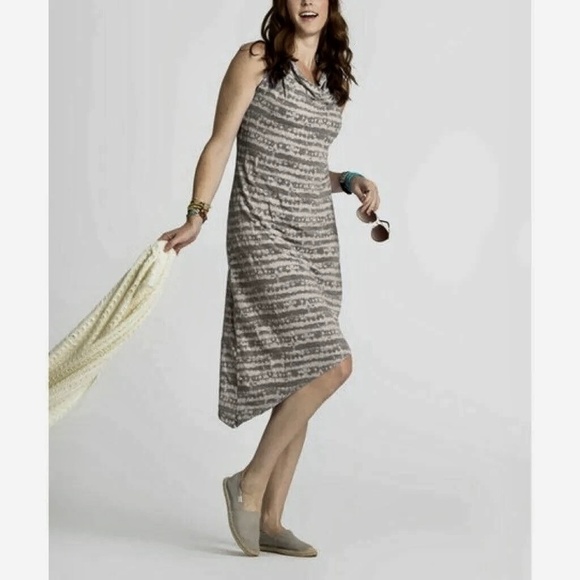 FRESH PRODUCE Sierra Stripe Hideaway Gray Knit Midi Dress Cowl Drape Neck Small - Picture 1 of 12